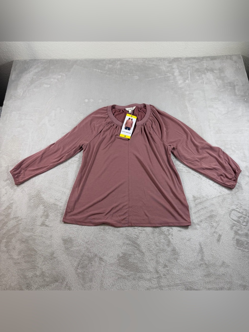 Lucky Brand Split Neck Pleated‎ Top Womens Small Rose Brown Modal Knit Blouse